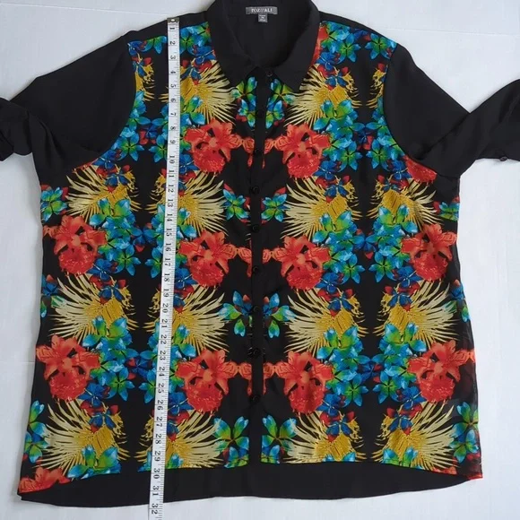 Roz & Ali Floral Sheer Button Down Tropical Blouse Woman 2X Black Blue - Picture 15 of 16